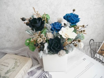 方盆中大型永生花盆花【個性黑藍】不凋花盆花/開幕賀禮