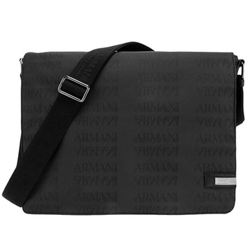 ARMANI COLLEZIONI 滿板LOGO尼龍織布磁釦掀蓋斜背包-黑色