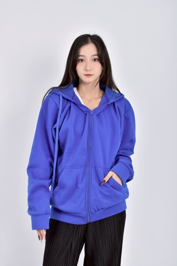 (L) fashion中性寬鬆拉鍊連帽內刷毛藍色外套