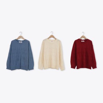 【CUMAR】休閒麻花落肩泡泡袖針織上衣 藍 紅 杏(魅力商品)