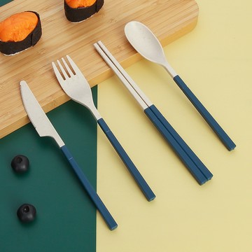 ⛩️廚趣優選⛩️麥秸稈可拆卸學生刀叉勺筷子餐具套裝便攜勺子戶外摺疊禮品四件套