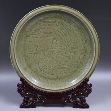 宋耀州窯刻花鳳紋平盤國盤手工仿古家居桌面瓷器古董古玩老貨擺件1入