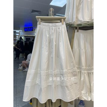 白色蕾絲花邊拼接半身裙2024秋季高腰顯瘦a字休閑百搭口袋傘裙子