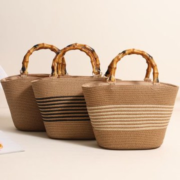 [米蘭精品] 現貨+預購 女草編包手提包渡假單肩側背包大容量藤編織包包-仿竹節手提包3色74ly81