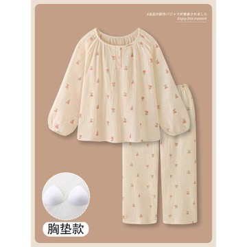 帶胸墊甜美睡衣女長袖春秋款可外穿家居服套裝夏季薄免穿文胸大碼