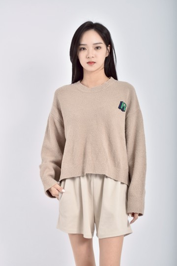 (F) lure hsu質感修身短版刺繡字母棕色長袖上衣