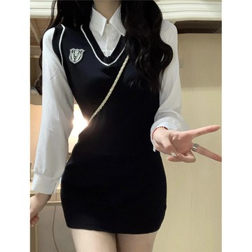 現貨在台💗韓系學院風JK連衣裙女 連身裙 短裙女 假兩件短裙 修身顯瘦 純欲內搭打底裙 美式包臀裙