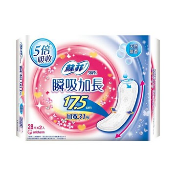 蘇菲彈力貼身瞬吸加長護墊無香17.5cm 28片2包