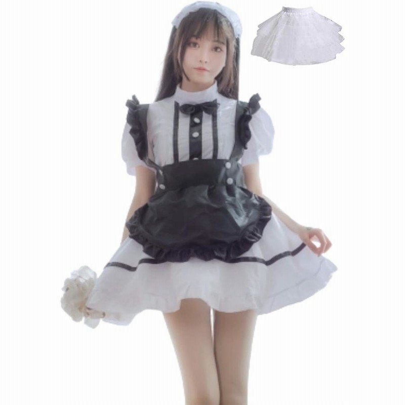 メイド 服 ゴスロリ パニエ 付き 黒 エプロン カチューシャ
