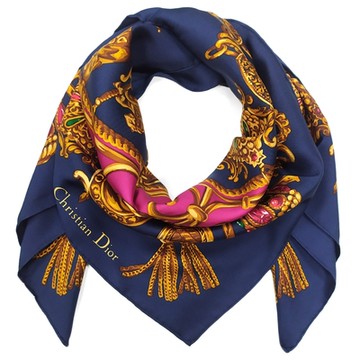 DIOR 迪奧 歐風繁華圖騰墜飾方型絲巾-藍色