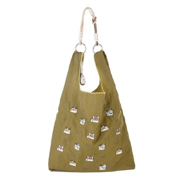 Kusuguru Japan 環保袋 極輕量2用肩背手提防潑水 貓丸款 -卡其綠