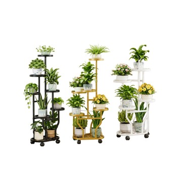 巧可 弧形多層花架 防鏽鋼管帶剎車輪 室內陽台落地綠植置物架 多盆植物擺放架子 高低錯落觀賞花架 6層7盆