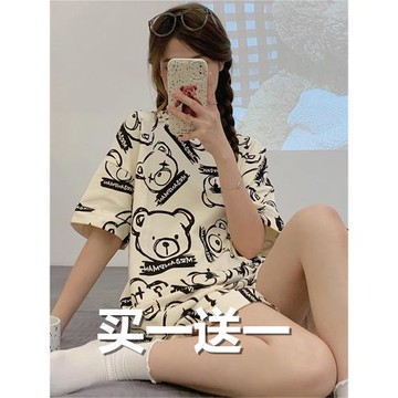 短袖純棉睡衣女士夏季新款卡通可愛大碼200斤寬松家居服兩件套裝