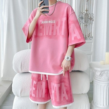#Mr.Gu#短袖T恤男 大碼上衣男士 夏季男生衣服 粉色休閑運動套裝 男生夏天多巴胺穿搭 短袖短褲美式t恤痞帥一整套