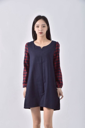 (M) eyescream棉質格紋拼接藍色洋裝