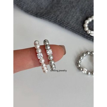 新品施家強光珍珠戒指 高級感方形鋯石鉆戒指指環小眾精致輕奢風