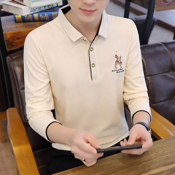 春季长袖T恤男韩版修身翻领POLO衫潮流青年薄/厚可选男装绣上衣服