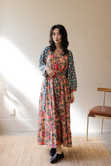 前綁帶拼接袖子綁帶洋裝_彩(附綁帶)