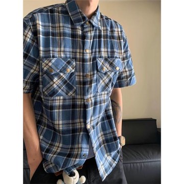 美式復古vintage多口袋工裝格子短袖襯衫男夏季潮牌寬松格紋襯衣