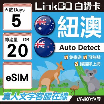 LINKGO白鑽卡 紐澳 eSIM卡 5天上網卡 總流量20GB 高速流量(紐澳網卡 紐西蘭 澳洲 虛擬卡)