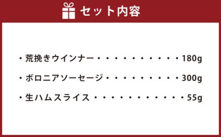 九重”夢”ポーク ハム ・ ソーセージ セット F 荒挽きウインナー ボロニアソーセージ 生ハムスライス 計535g 3種 詰め合わせ 食べ比べ