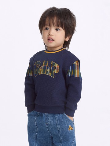 男幼童裝 Logo刺繡圓領大學T-海軍藍