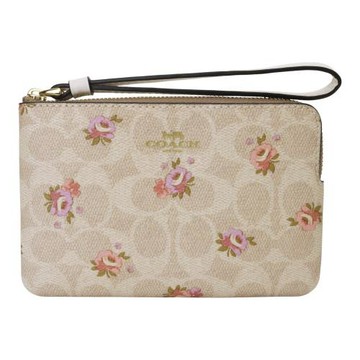 COACH-小花PVC皮革L型拉鍊手拿包(淺卡其)