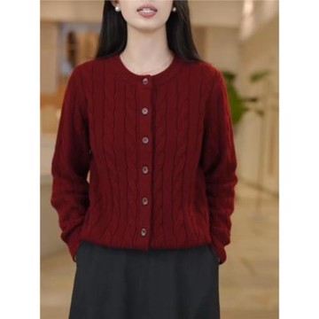 紅色圓領長袖毛衣外套女2025秋休閑時尚絞花設計單排扣百搭開衫