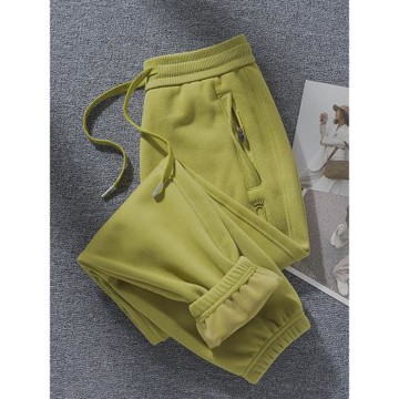 加絨芥末綠休閑褲女2025冬季爆款加厚衛褲高端女裝運動褲保暖褲子