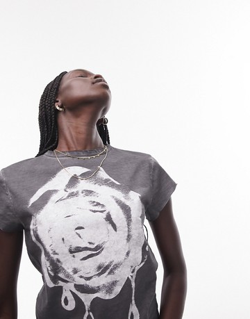 Topshop graphic dripping rose baby tee in charcoal-Grey