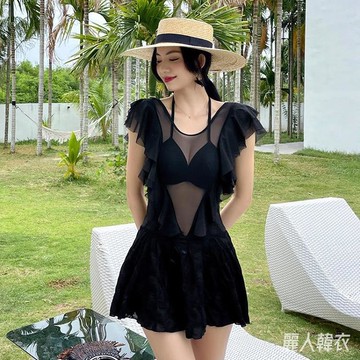 中大尺碼泳衣 沙灘泳衣泳裝2023夏季新款泳衣女連體裙式平角遮肚保守游泳衣海邊度假泳衣