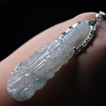 冰種飄藍花觀音菩薩項鍊18K金鑽石 | 天然緬甸玉翡翠A貨 | 送禮