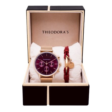 【THEODORA'S】手錶手鍊1+1禮盒-女款 Apollo 手錶 三眼酒紅【希奧朵拉】