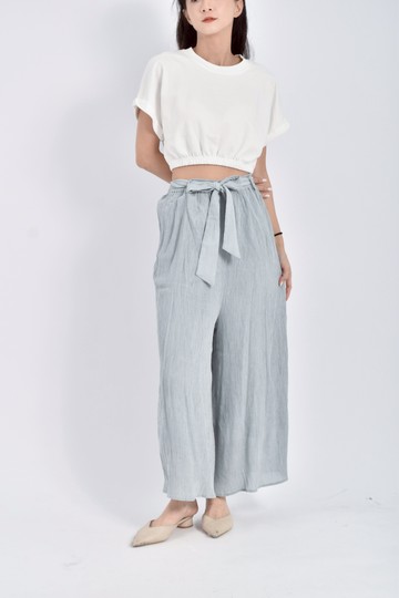 (M) 高腰質感鬆緊腰藍色綁帶長褲