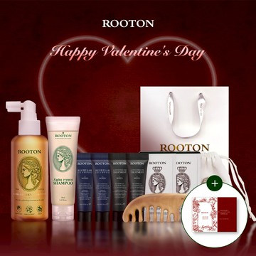 快速出貨【ROOTON】情人節快樂！甦活植萃髮根噴霧150ml+植萃洗髮精70ml+植萃洗髮精5ml x2+海藻洗髮精10ml x2+護髮素10ml x2+甦活養髮梳+棉麻束口袋+情人節小卡+燙金禮袋
