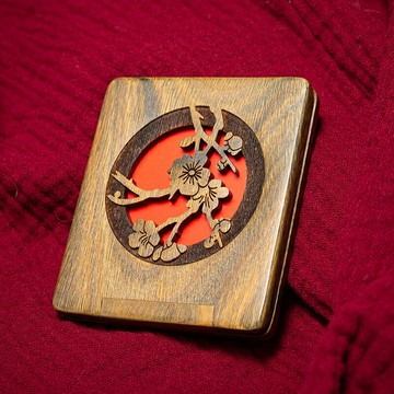 古風實木化妝鏡綠檀木鏤空雕刻折疊隨身便攜美妝小鏡子送老外禮品