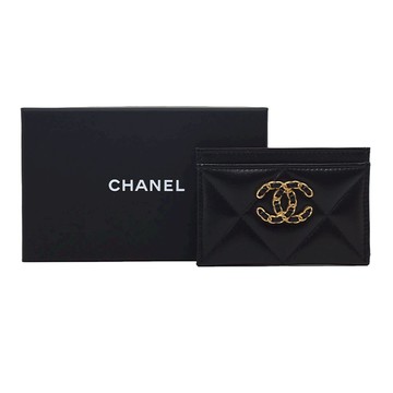 CHANEL 19 編織C金屬菱格羊皮名片夾(黑金)_廠商直送
