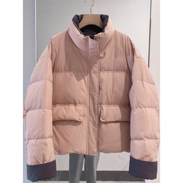 2024冬季新款韓版立領加厚羽絨服女短款撞色拼接洋氣白鴨絨外套潮