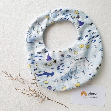 二重紗元氣兜/圍兜/口水巾/BABY口水兜(淺藍色-海洋動物)共8層