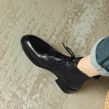 免運~陳小朵~英倫風系帶馬丁靴女粗跟2024秋冬新款中跟軟皮小短靴皮靴