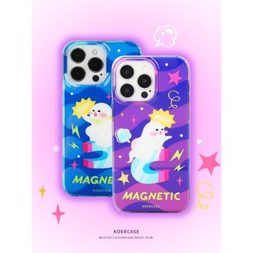 KOERCASE 磁場吸引力小幽靈手機殼鐳射涂鴉甜美情侶少女卡通插畫原創意小眾適用蘋果16iPhone15ProMax14Pro13