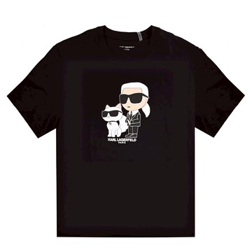 KARL LAGERFELD 卡爾 Q版老佛爺貓咪圖案棉質短T恤.黑