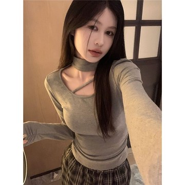 B[限時特賣]長袖上衣 短版上衣 辣妹上衣 純慾風時尚洋氣掛脖緊身T恤女士春秋季短款瑣骨辣妹上衣打底衫冬L