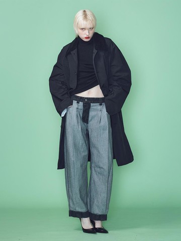 OVERSIZED SHIRRED SLEEVE CONTRAST COLLAR SINGLE COAT