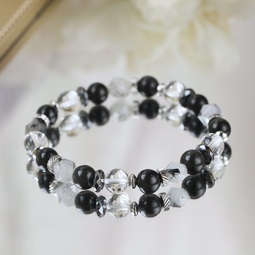 黑曜石 黑髮晶 白水晶。太極 健康平安避邪招財 男款水晶手鍊 8mm