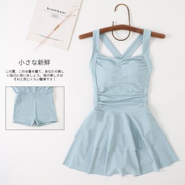 馬卡龍藍少女感純欲風連體溫泉泳衣女遮肚顯瘦甜美平角學生泳裝