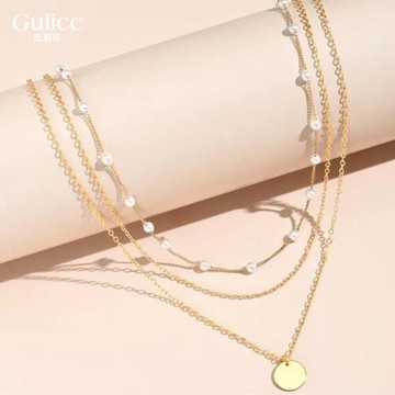 【Gulicc】古莉可 小金圓 多層次珍珠 鎖骨鍊 (飾品 首飾 項鍊 頸鍊 情人節 母親節 七夕 生日禮物)
