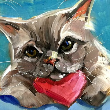 油畫 可愛貓咪寵物 小幅藝術 4x4 吋 原創藝術品 家居裝飾