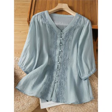 高端棉麻刺繡V領半袖襯衫女夏季高級感洋氣減齡大碼遮肉苧麻上衣