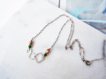 銀色幾何方塊層疊項鍊 藍砂石 染色松石 輕珠寶 P44